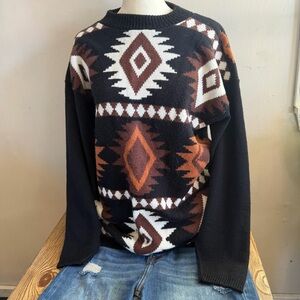 Vintage Women's Black and Brown Aztec print Sweatshirt